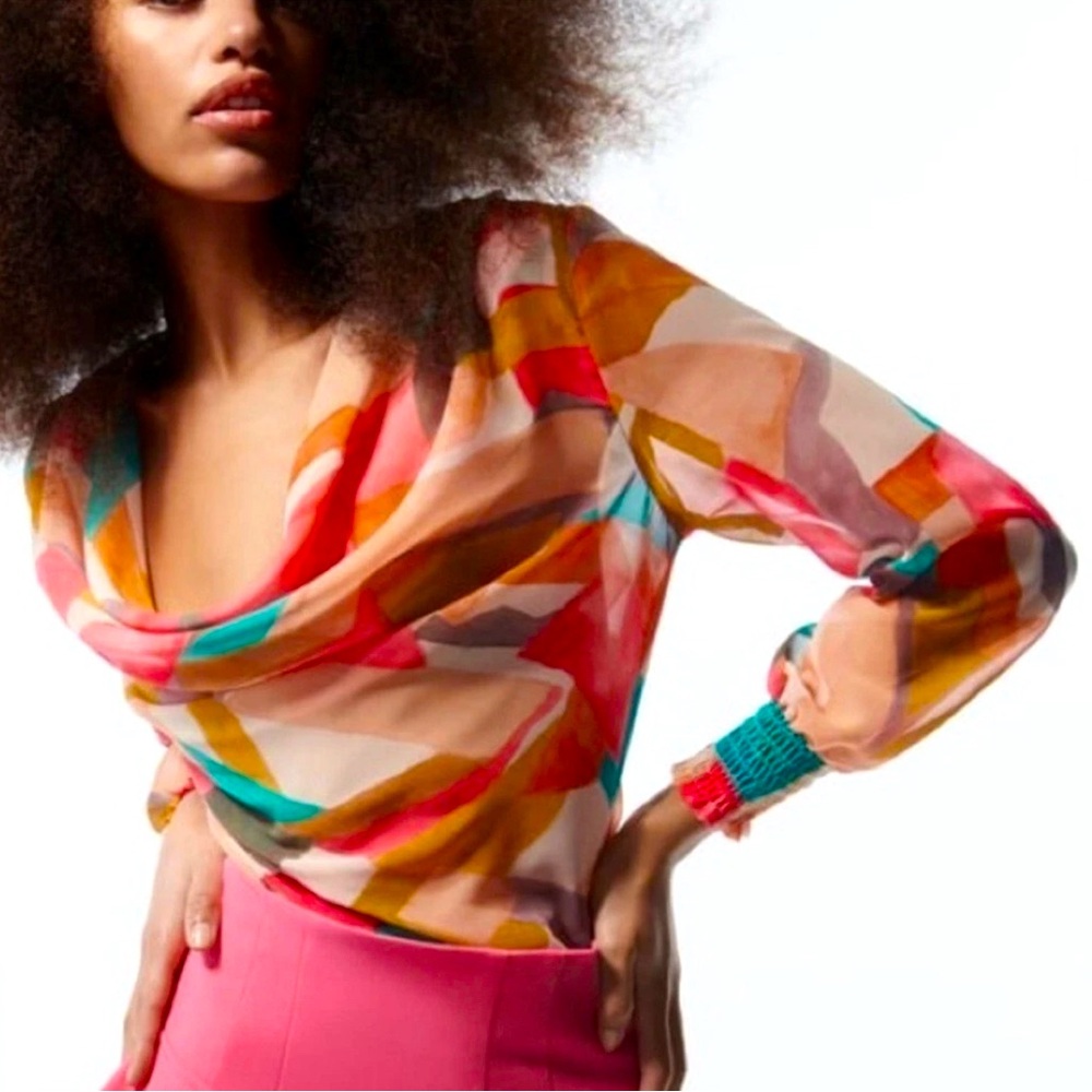 Zara Cowl Neck Semi Sheer Watercolor Pastel  Long Sleeve Top Medium Art To Wear